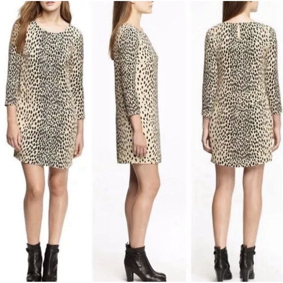 J. Crew 6 Tan Black Leopard Cheetah Print Long Sleeve Pockets Slip Shift Dress* - Picture 3 of 16